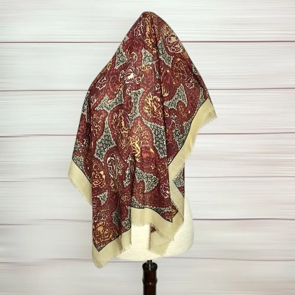 Wool Square Scarf Lightweight Tan Brown Plum Paisley Print Made in Italy 33x33”